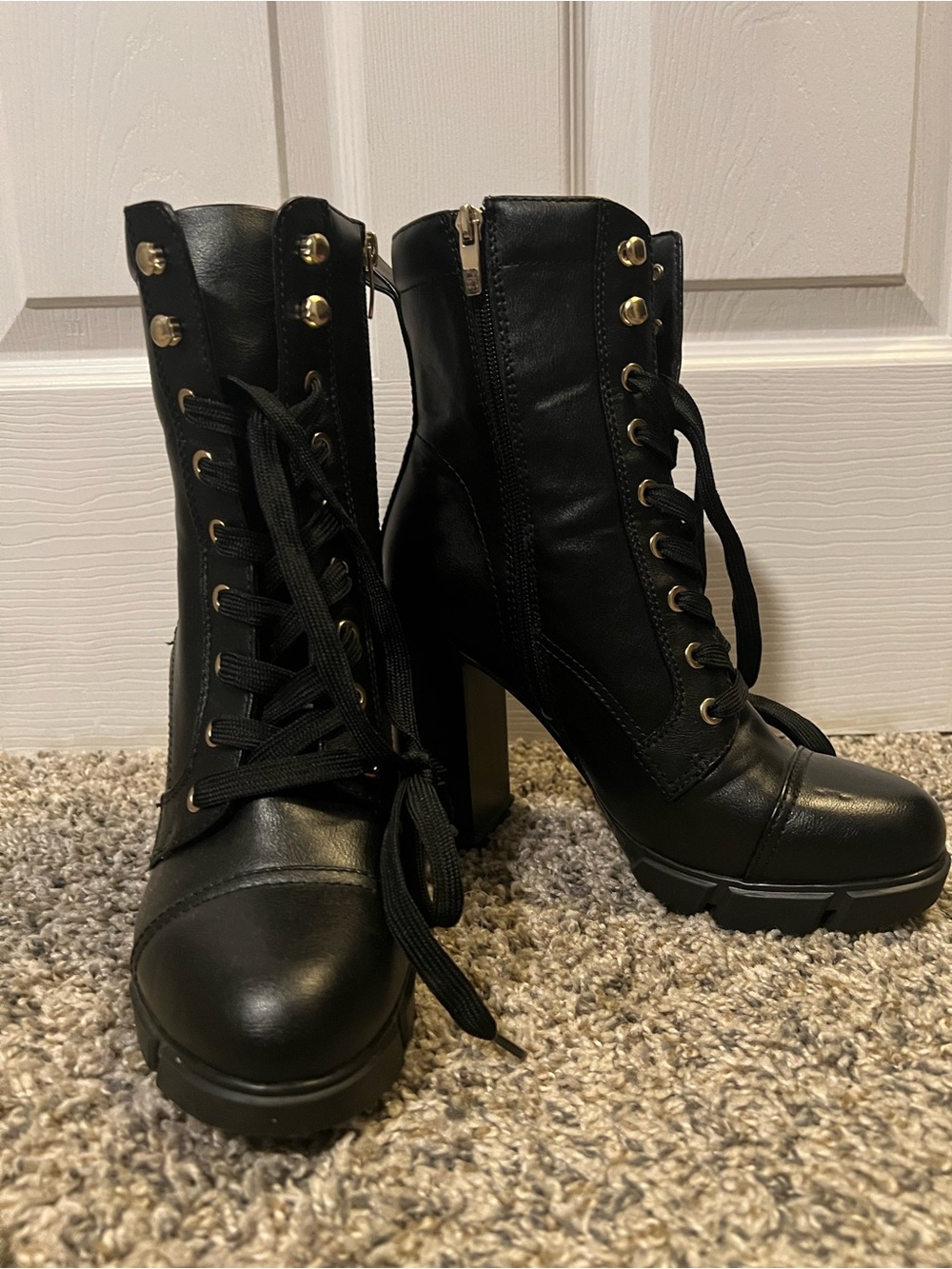 Nine West Black Lace-Up Platform Ankle Boots with Gold Hardware